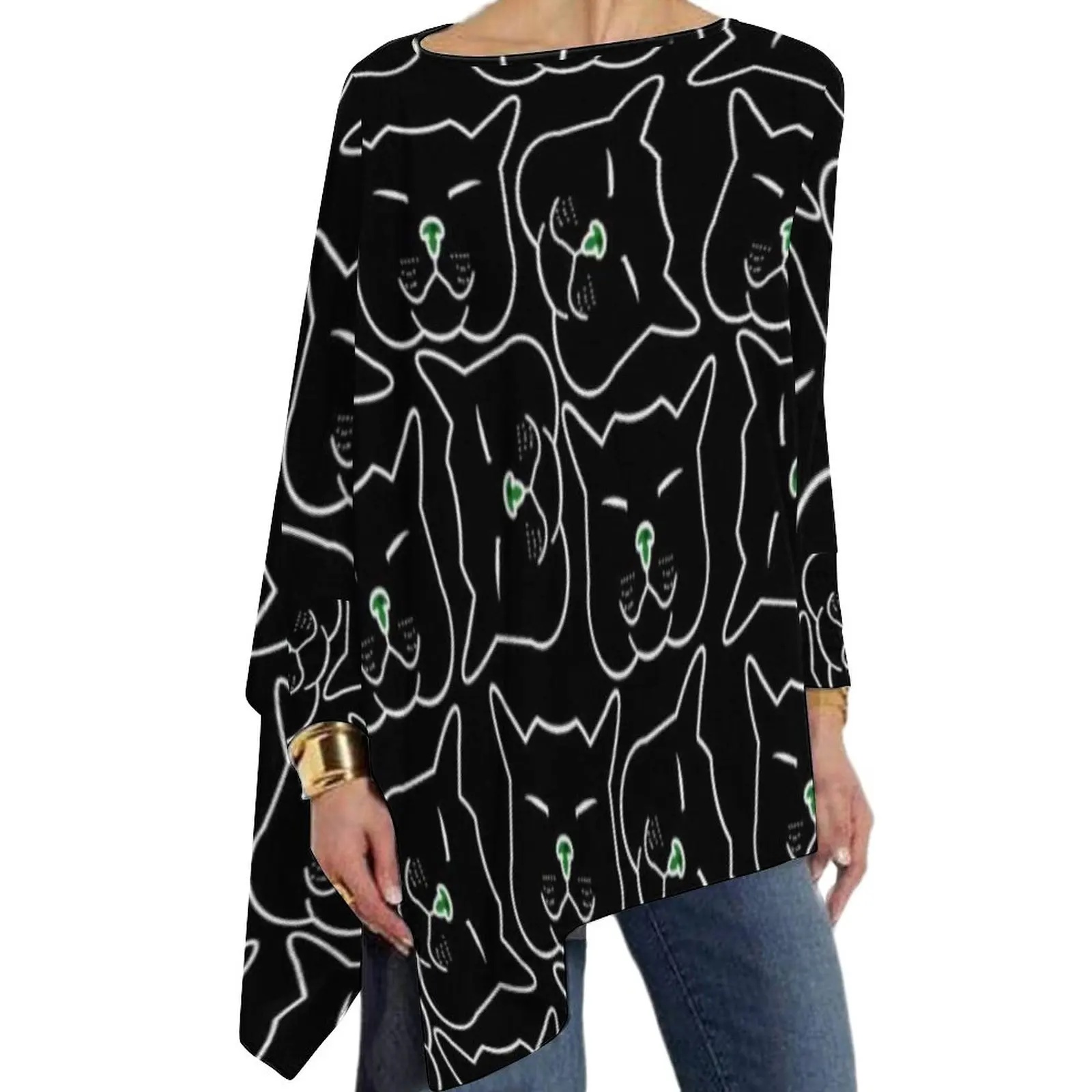 

Black Cat Faces T Shirt Abstract Animal Aesthetic Long Sleeve T Shirts Womens Casual Tee Shirt Oversized Graphic Tees