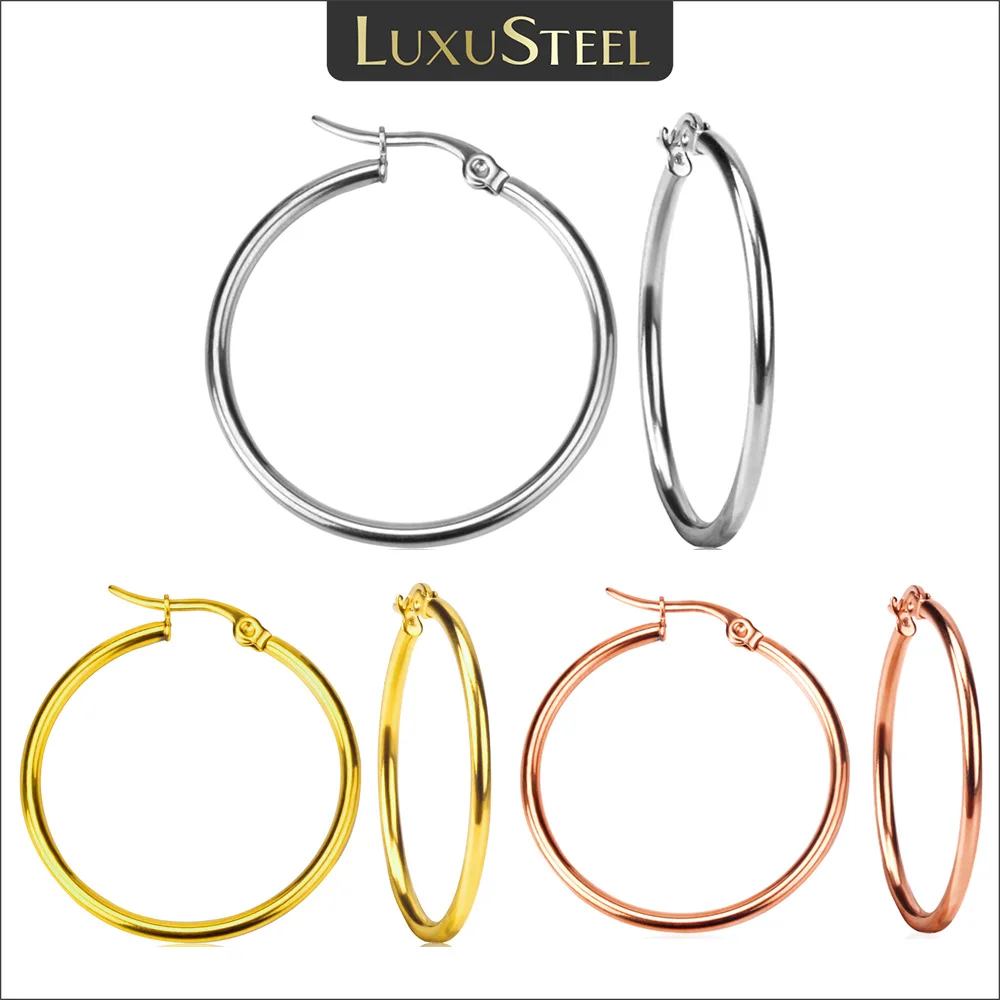 

LUXUSTEEL 1Pair/2Pcs Stainless Steel Hoop Earrings For Women Men Silver Color Round Small Big Circle Huggies Punk Jewelry10-65mm
