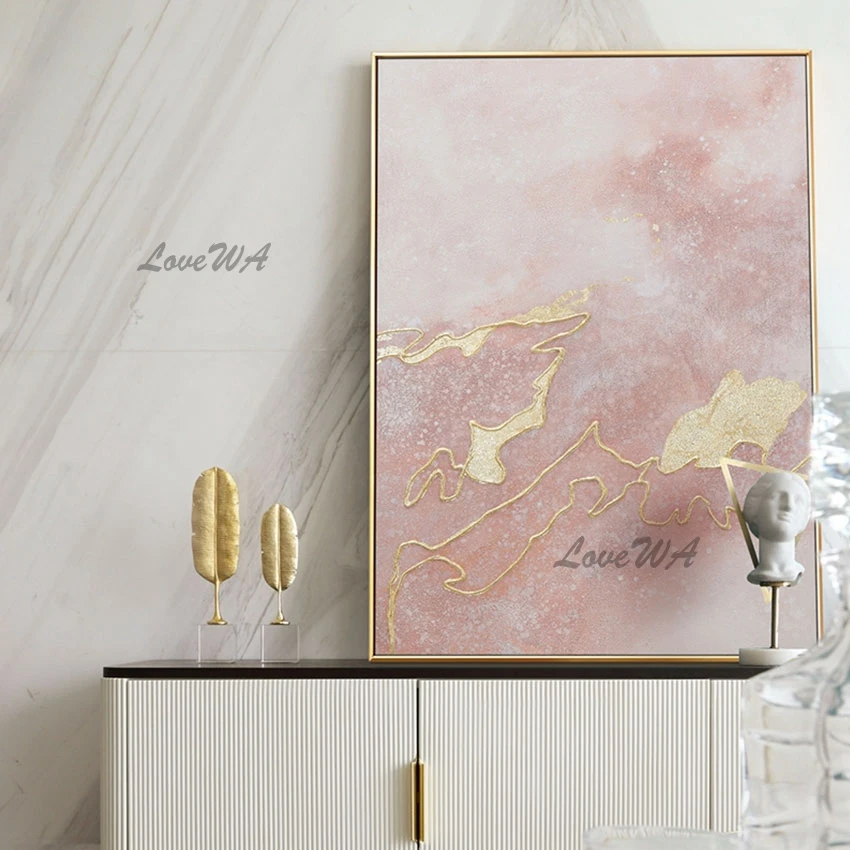 

Розовая акриловая абстрактная Золотая фольга, текстурированная масляная живопись, искусство, Настенный декор, фрески, холст, картина, украшение для дома