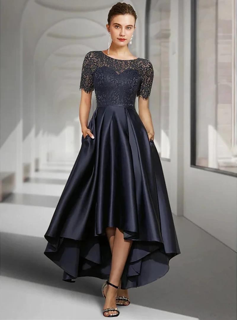 

Mother of the Bride Dresses Dark Navy High Low Vintage Jewel Lace Satin Short Sleeve vestidos de fiesta para bodas فساتين السهرة