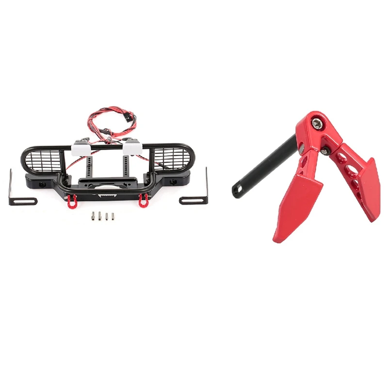 

2 Set RC Car Part: 1 Set Metal Front Camel Trophy Bumper With Light & 1 Set Metal Foldable Winch Earth Anchor Decoration