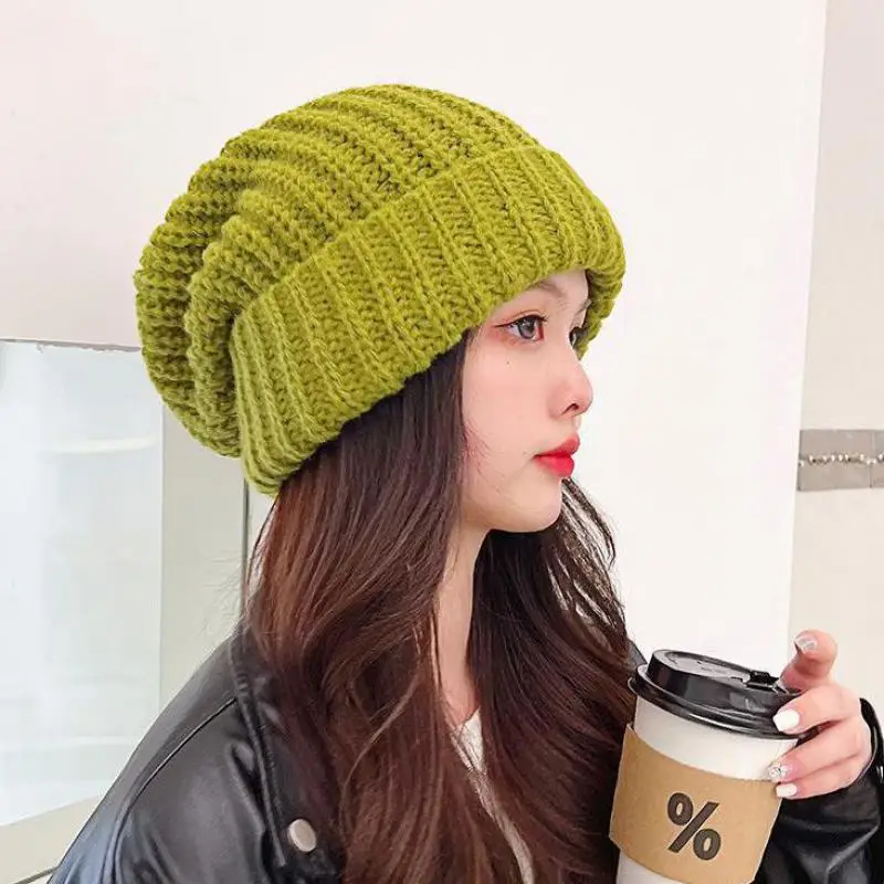 

Winter Hats For Women Acrylic Knitted Hat Cuff Beanies For Girls Oversize Loose Knitting Thick Vogue Ladies Female Big Size Bone