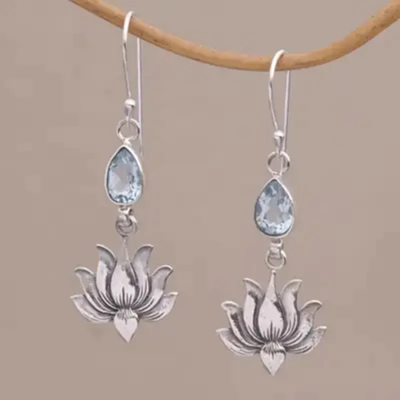 

Simple Water Drop Inlaid Sea Blue Stone Hook Earrings Vintage Metal Silver Color Carving Lotus Dangle Earrings for Women