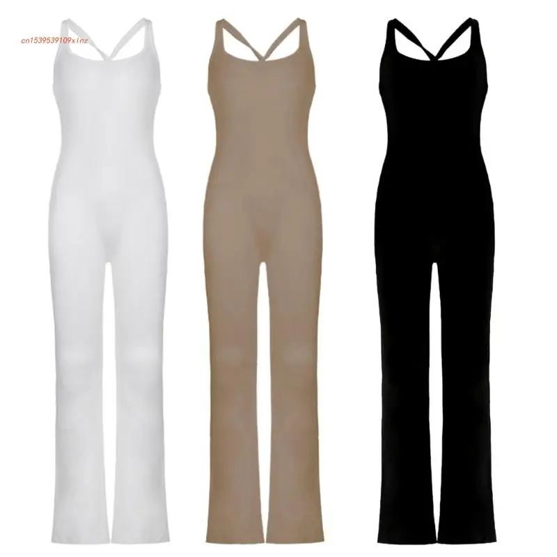 

Womens Sexy Backless Sleeveless Cami Jumpsuit Twisted Strappy Back Flared Long Pant One-Piece Bodycon Romper Leggimgs