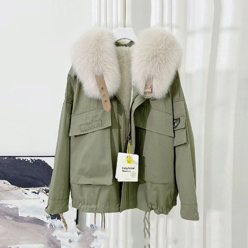 KBAT 2022 Winter Parka Women Fluffy Faux Fur Coat Short Windbreaker Jacket Wool Liner Warm Parka Fur Collar Warm Snow Coat