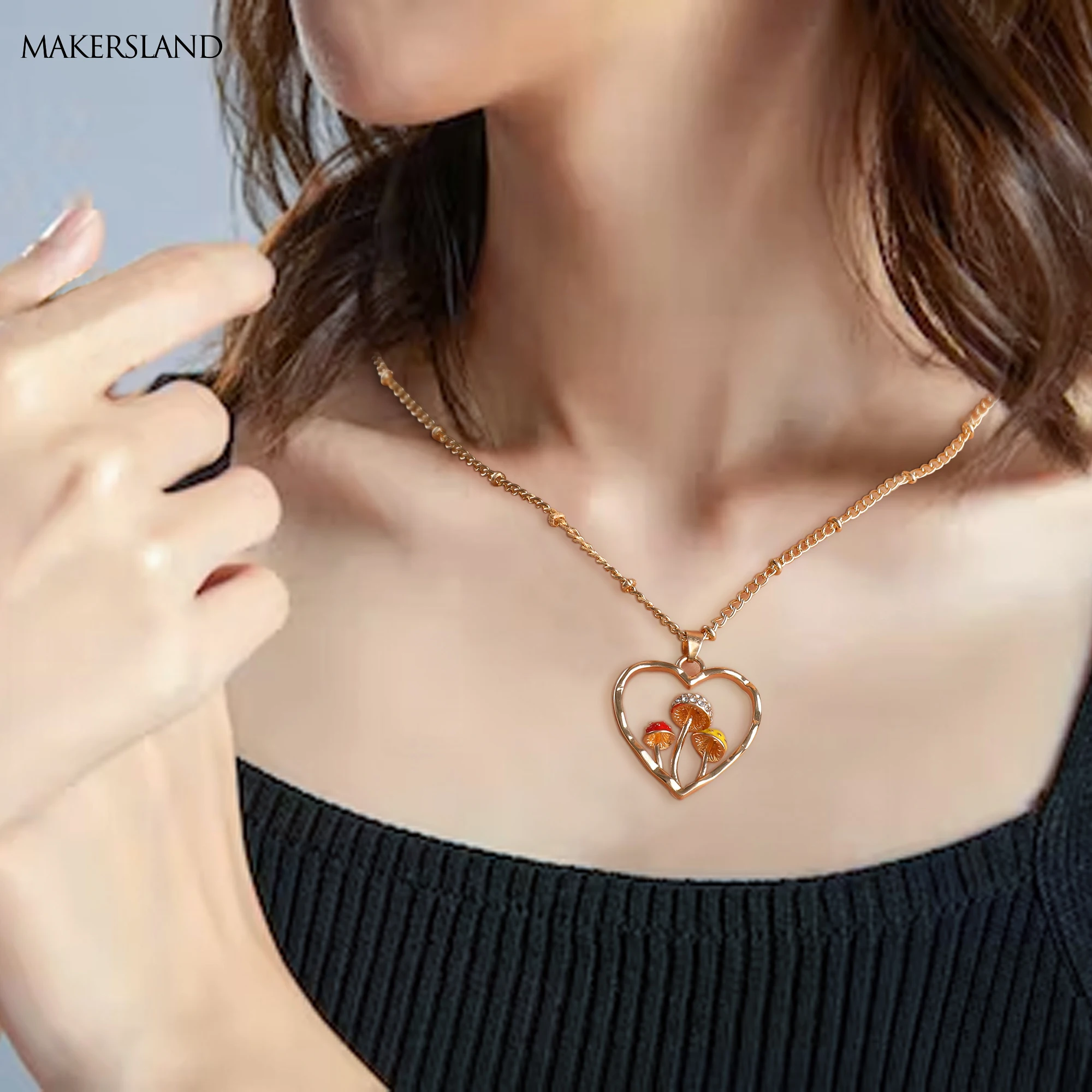 

Makersland Cute Heart Mushroom Pendants Necklace For Women Korean Fashion Jewelry Accessories Wholesale