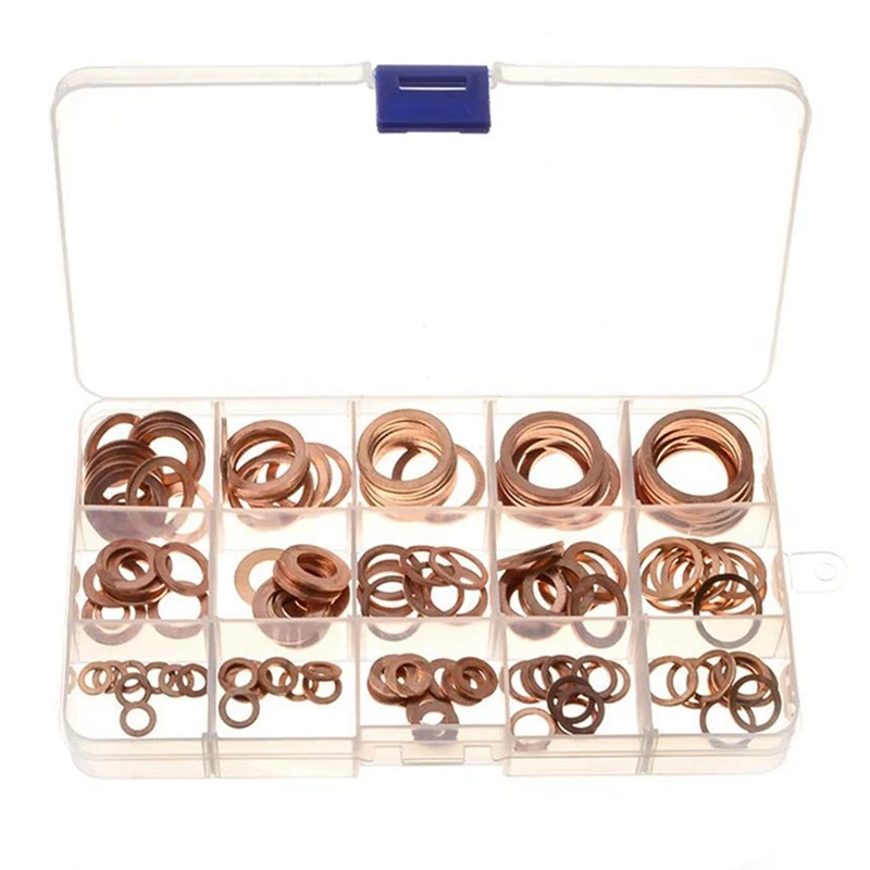 

150Pcs From M5 To M22 Assorted Copper Washer Gasket Set Flat Ring Seal Assortment Kit With Box For Hardware Accessories