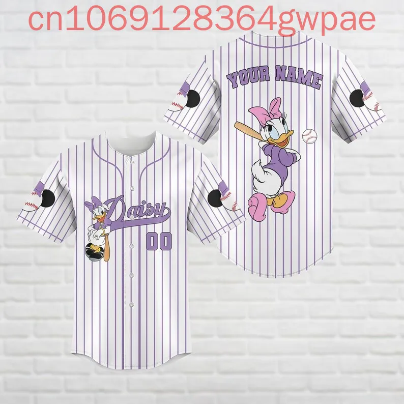 Фото Бейсбольный трикотаж с 3D принтом Daisy Duck, летние мужские и женские повседневные бейсбольные рубашки, топы, бейсбольный трикотаж, модная рубашка с коротким рукавом №1