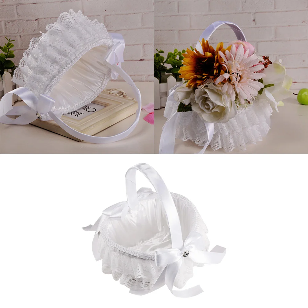 Wedding Bowknot Flower Girl Basket Ribbon Bride Basket Matrimony Processions Rose Petals Holder Ceremony Party Flower Girl