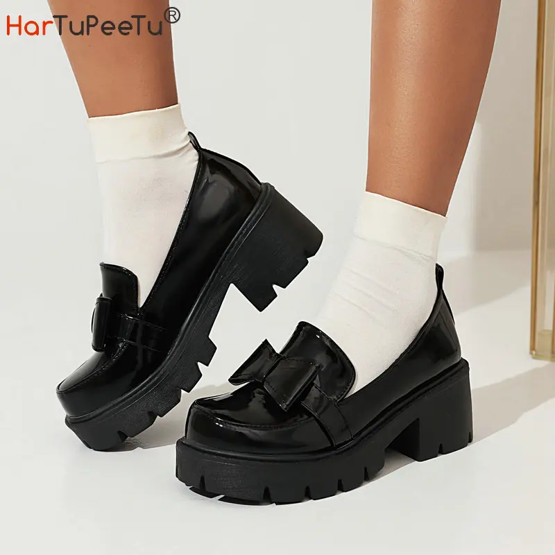 Купи Spring Autumn Girls Platform Loafers Shoes Bow Decorate Chunky Heel Daily Wedges Lolita Style PU Leather Women Black Pumps 2022 за 1,577 рублей в магазине AliExpress