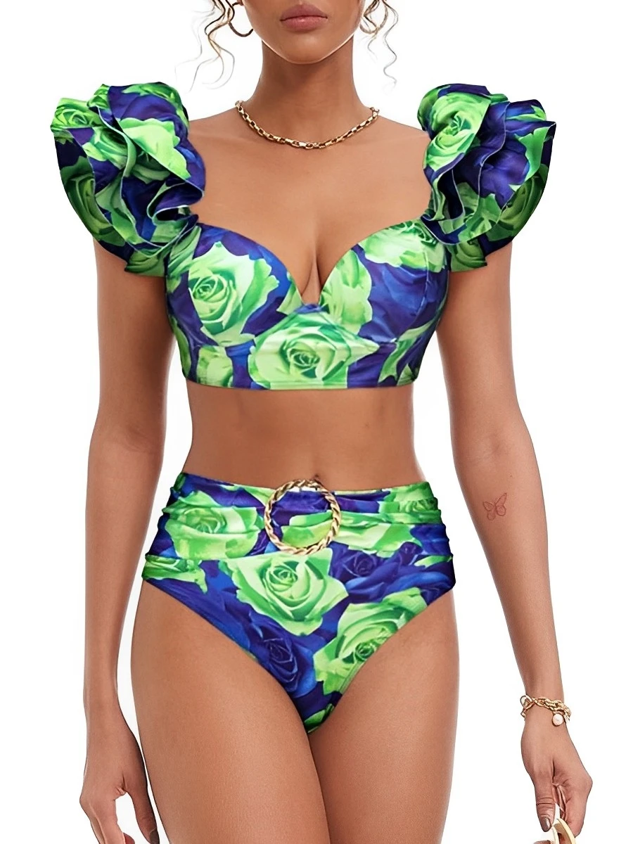 Бикини пуш-ап женское с цветочным принтом купальник из двух предметов мягкими