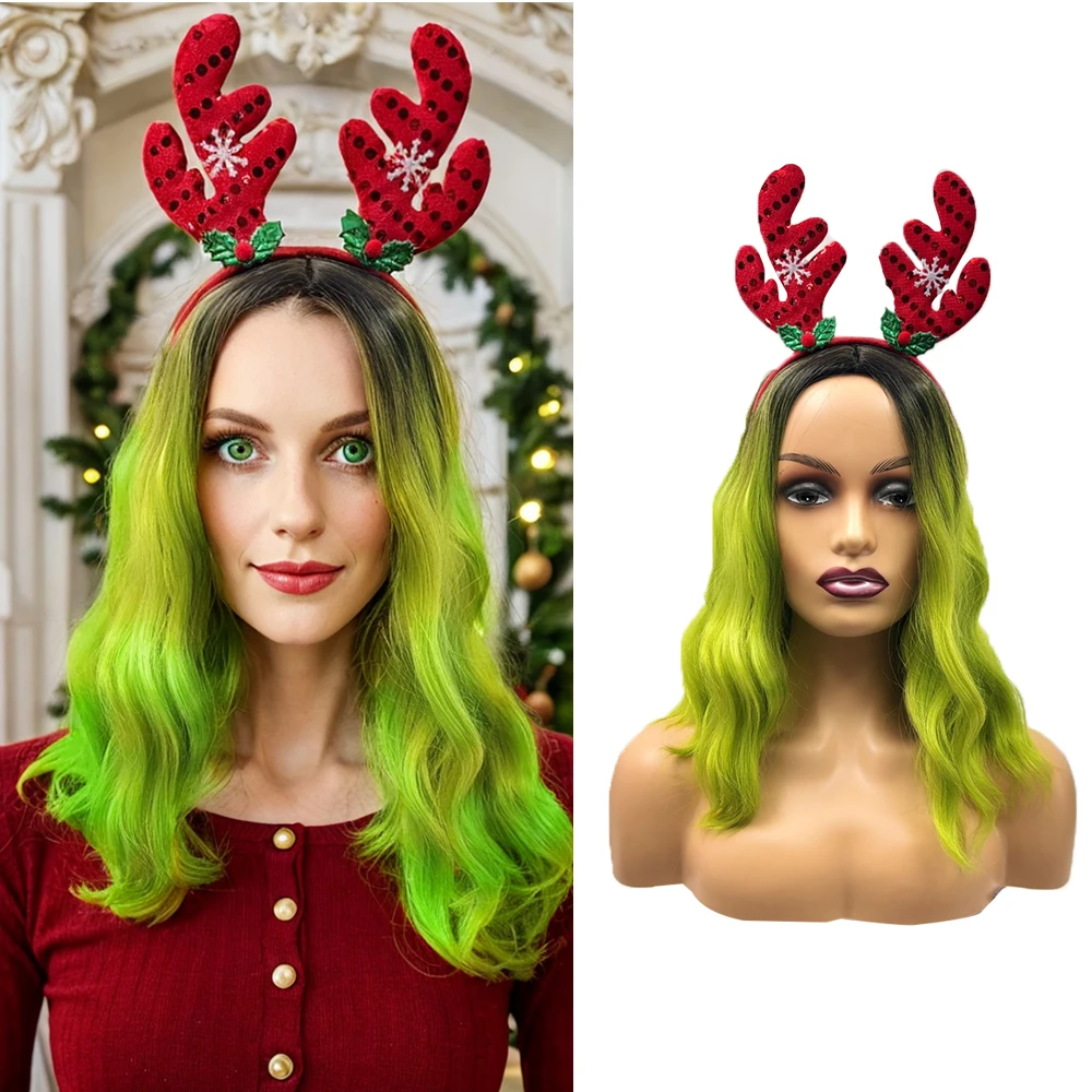 Рождественский парик с рождественской повязкой на голову Зеленый синтетический