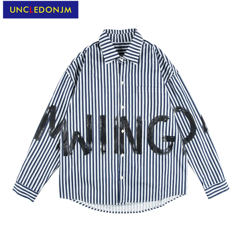 

Рубашка UNCLEDONJM в полоску с длинными рукавами и граффити, Мужская Уличная Свободная рубашка в стиле хип-хоп, гавайская рубашка, дизайнерские р...