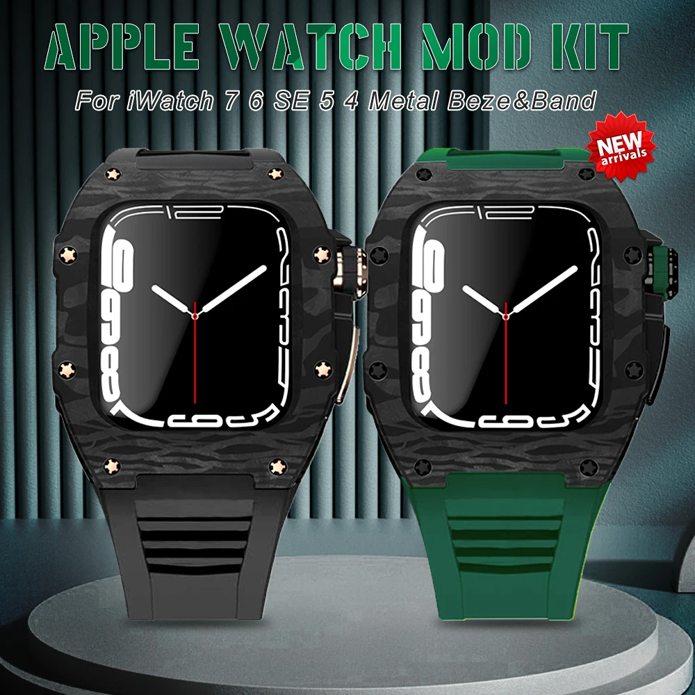 

Модифицированный комплект для Apple Watch серии 7 SE 6 5 4 роскошная металлическая рамка для iWatch 45 мм 44 мм резиновый ремешок + чехол из углеродного во...