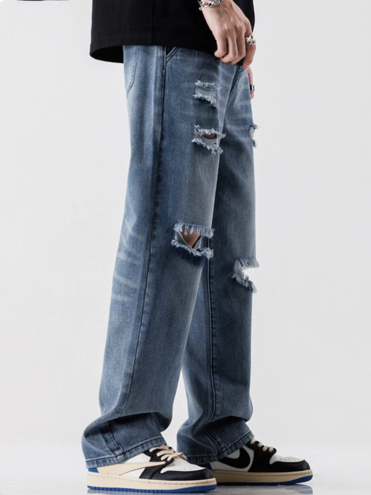 Men's Loose Fit Casual Jeans - Baggy Pants with Holes and Rips American Wide-legged Straight Jeans with Holes and Torn Design