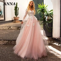 anna beauty wedding dress 2022 elegant pink v neck beach party gown simple long sleeve applique vestido de noiva women skirt