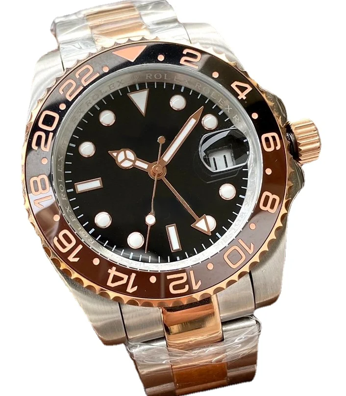 

High-Top Mens GMT Rose Gold Watch Ceramic Bezel Stainless Steel Mechanical Automatic Sapphire WristWatch
