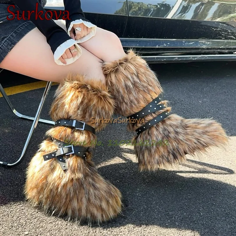 Зимние сапоги на плюшевом меху нескользящие зимние с толстой подошвой и пряжкой