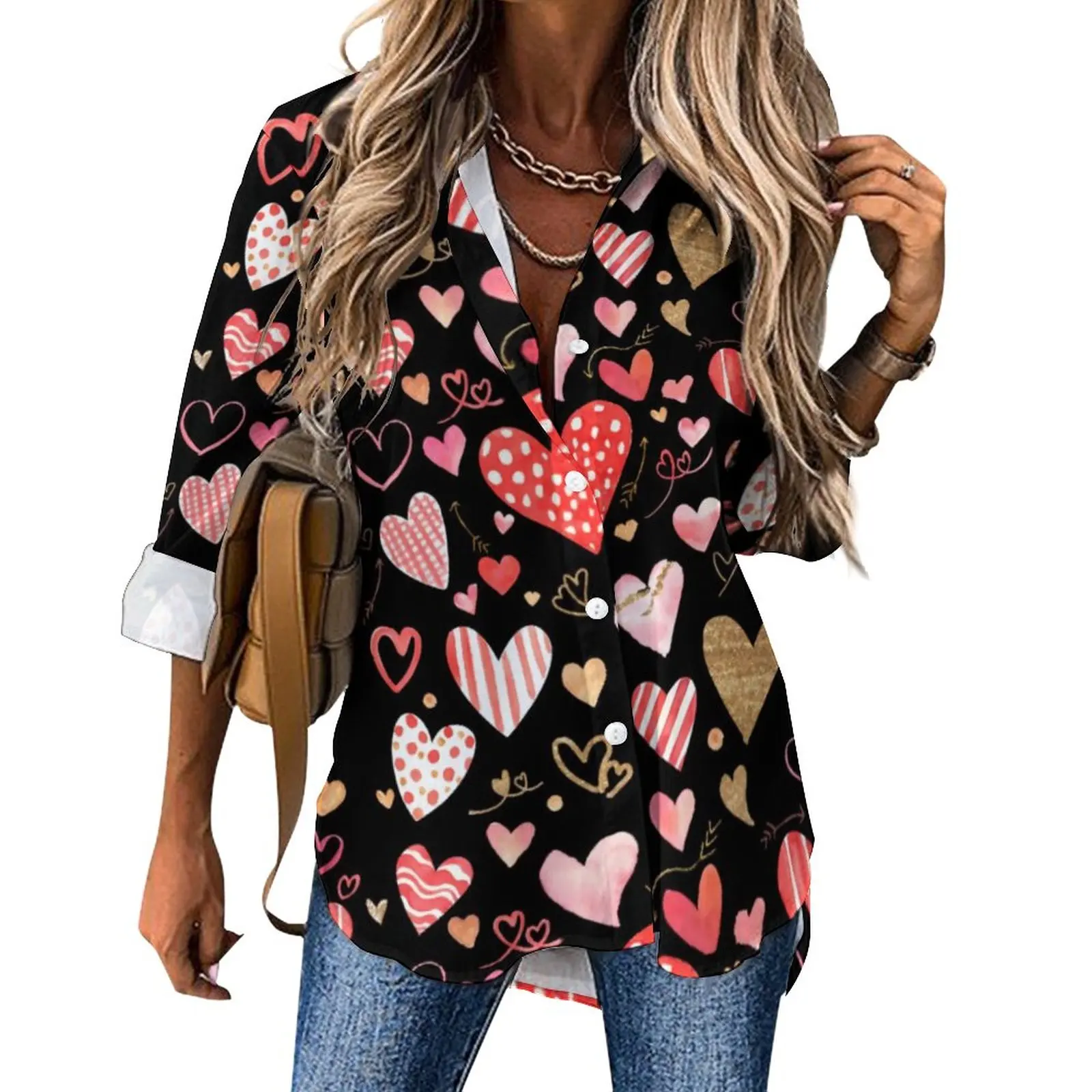 

Abstract Heart Print Casual Blouse Valentines Day Kawaii Graphic Blouses Woman Long-Sleeve Street Fashion Shirts Oversize Tops