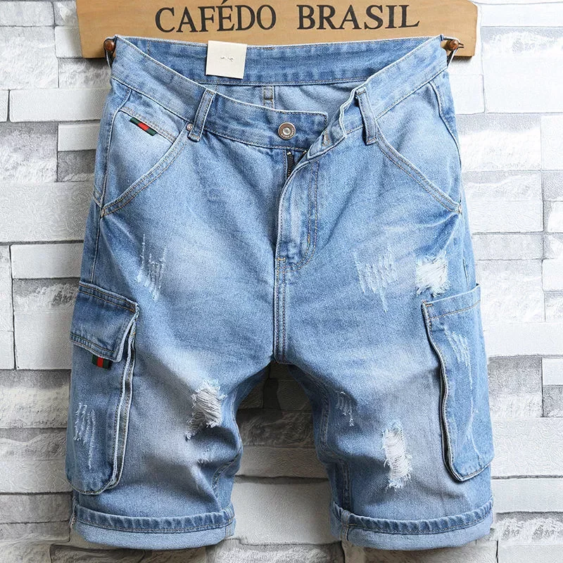 2022New Denim Jeans Shorts Straight Denim Shorts Multi-pocket Jeans Good Quality Men Loose Casual Short Jeans Knee Length  Jeans