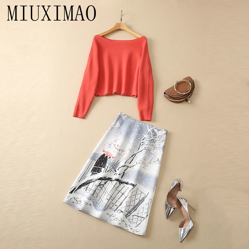 

MIUXIMAO 2023 High Quality Spring&Summer Elegant Set Long Sleeve O-Neck Shirt +Print Skirt Fashion Two Piece Set Women Vestide
