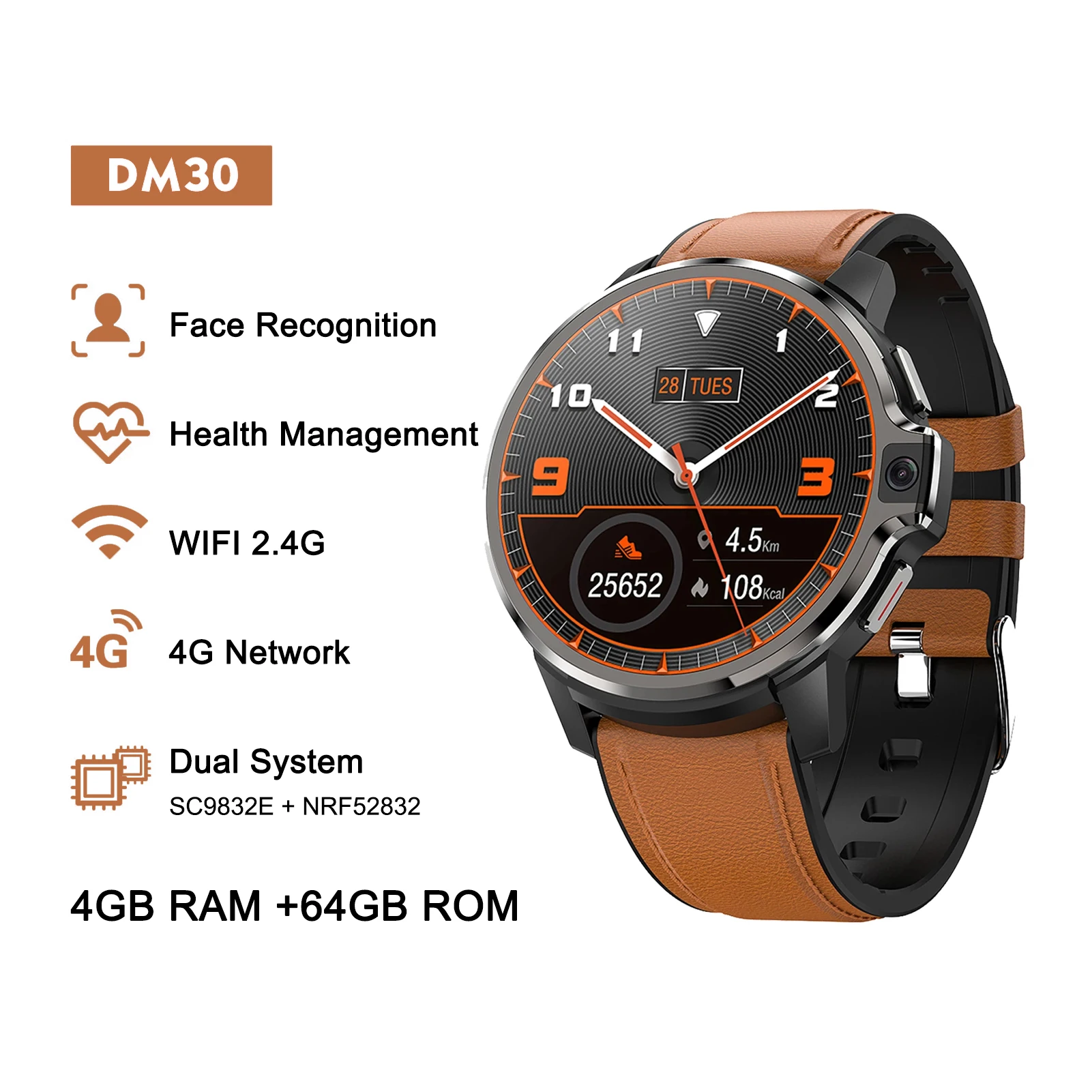 

DM30 4G Smartwatch RAM 4GB ROM 64/128GB Smart Watch Android 9.1 GPS Wifi Dual System 1050Mah Battery 1.6 Inch HD DM20 DM100