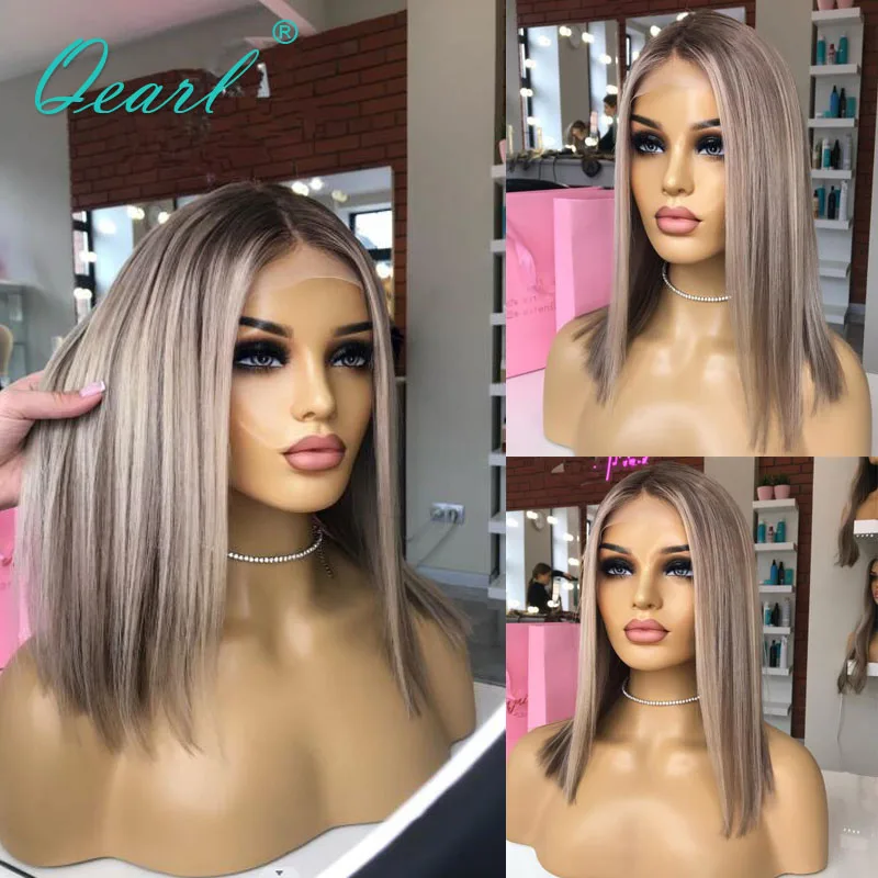 Colored Human Hair Wigs for Women Ombre Ash Blonde Lace Frontal Wig Light Gray 13x4 Brazilian Virgin Hair Straight 150% Qearl
