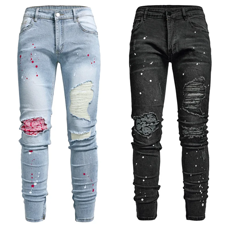 

Новинка Осень 2023, обтягивающие эластичные уличные Лоскутные рваные узкие джинсы в байкерском стиле, мужские трендовые брюки-карандаш со средней посадкой на молнии
