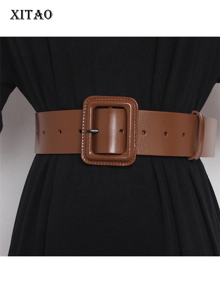 

XITAO Women Simple Square Toe Buckle Belt Solid Color Patchwork Small Fresh Casual Style Elegant Two-layer Cowhide Belt WLD8493