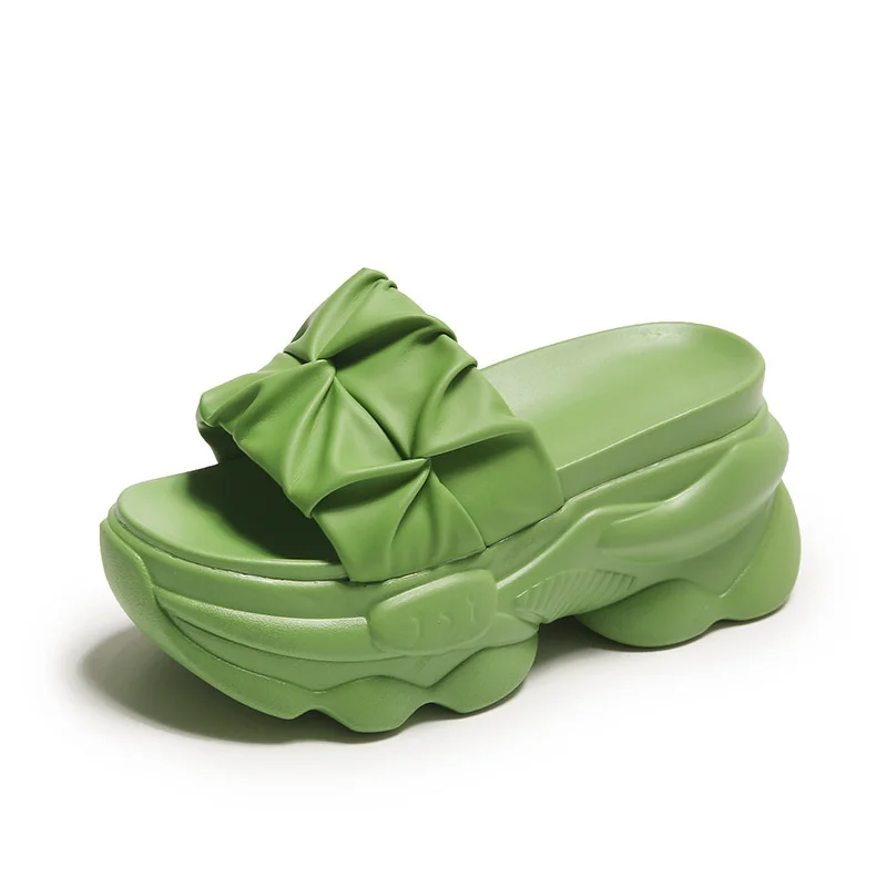 

7.5CM Heels Chunky Platform Slippers for Women Open Toe Leather Wedges Sandals Woman Summer 2023 Thick Bottom Female Flip Flops
