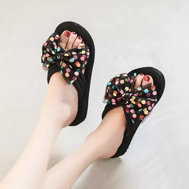 

NEW IN summer dot bow cool slippers seaside holiday beach cross with antiskid high-heeled shoes a word procrastinates tide