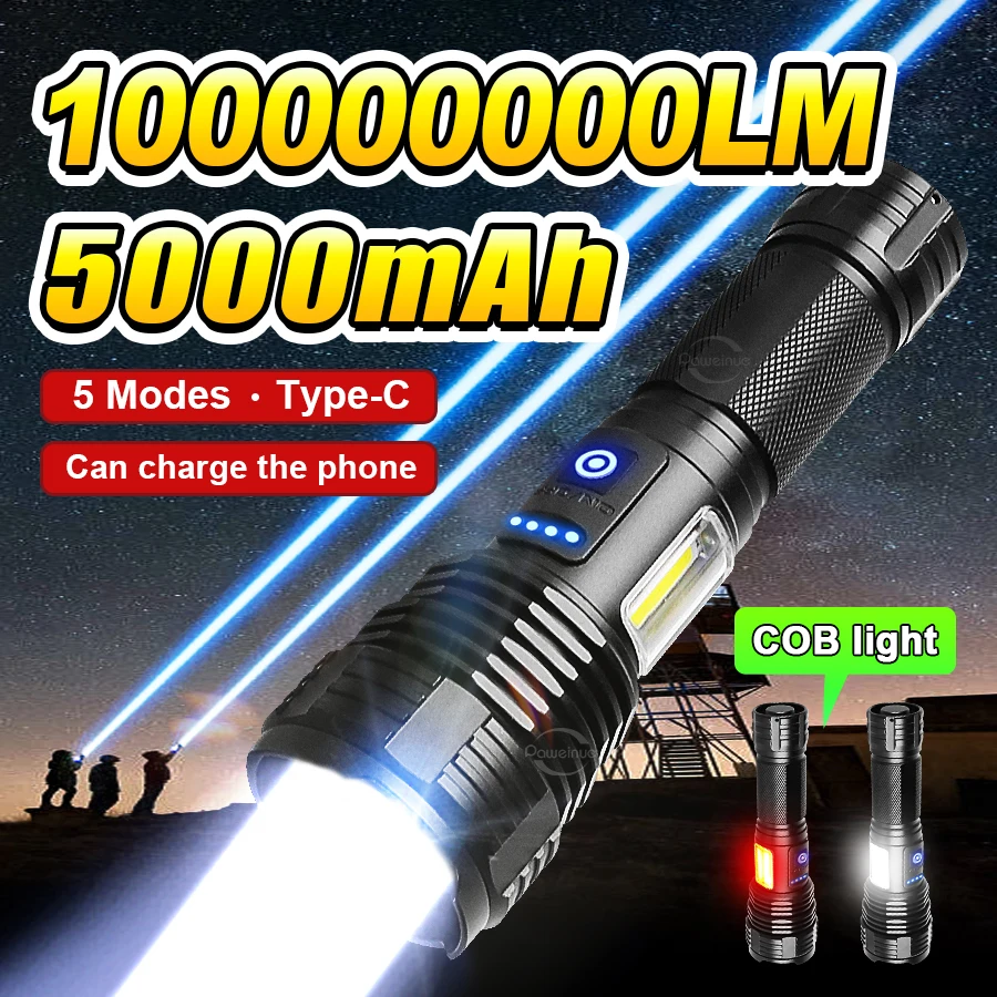 2024 1000000 LM Мощный светодиодный фонарик Перезаряжаемый сверхмощный Освещение 2000M COB
