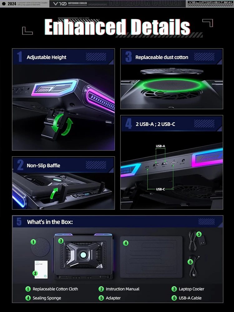 Фото Подставка-кулер для ноутбука V10 RGB с мощным внешним турбо-вентилятором диаметром 4,72 дюйма, быстро охлаждает ПК 13–17,3 дюйма, 4-портовый USB C&A №5