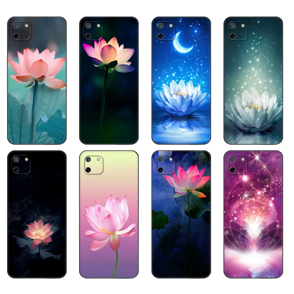 

Black tpu Case For OPPO Realme C11 Case For Realme C 11 RealmeC11 Back RMX2185 Case Cover Bumper Lotus Flowers