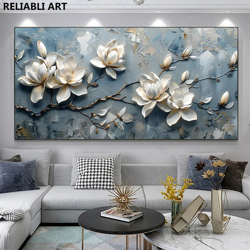 Абстрактная художественная 3D-картина белых цветов магнолии на сером фоне