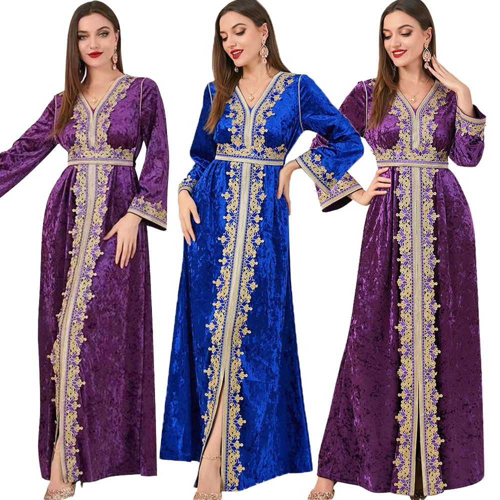 

Velvet Embroidered Abayas for Women Muslim Belted Maxi Dress Djellaba Jalabiya Split Hem Kaftan Musulmane Longue Vestidos Largos