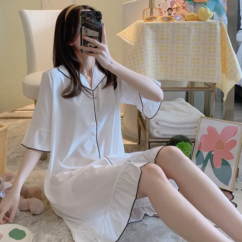 

Women's Half Sleeve Loose Ice Silk Long Pajamas Dress 2022 Spring Summer New Thin Imitation Silk Nightgown Home Wear Solid Color