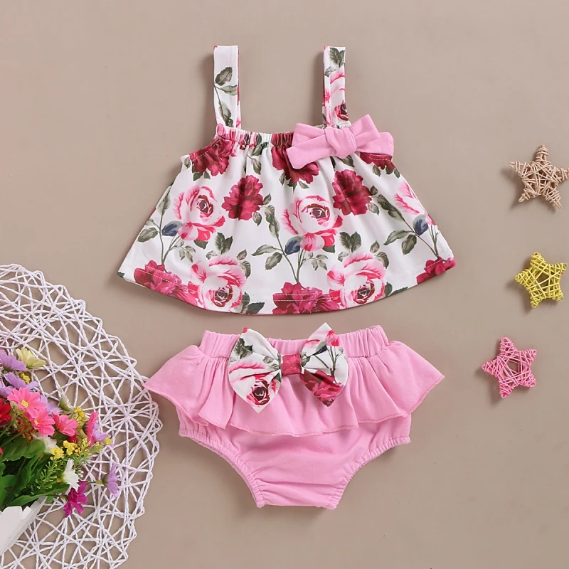 Special Promotion Summer Baby Girls Clothes Set Newborn Infant Girl Floral Sleeveless Top Solid Shorts Overalls 2Pcs Clothing
