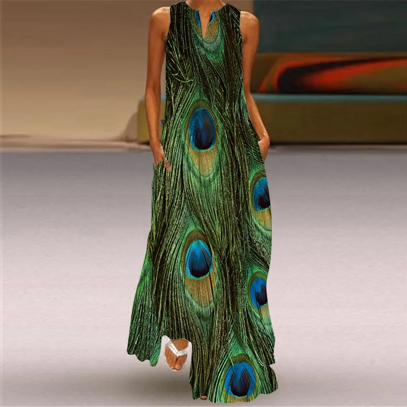 

Peacock Feather Printed V Neck Dress Women Summer Holiday Style Beach Casual Elegant Vintage Dresses Party Sleeveless Long Dress