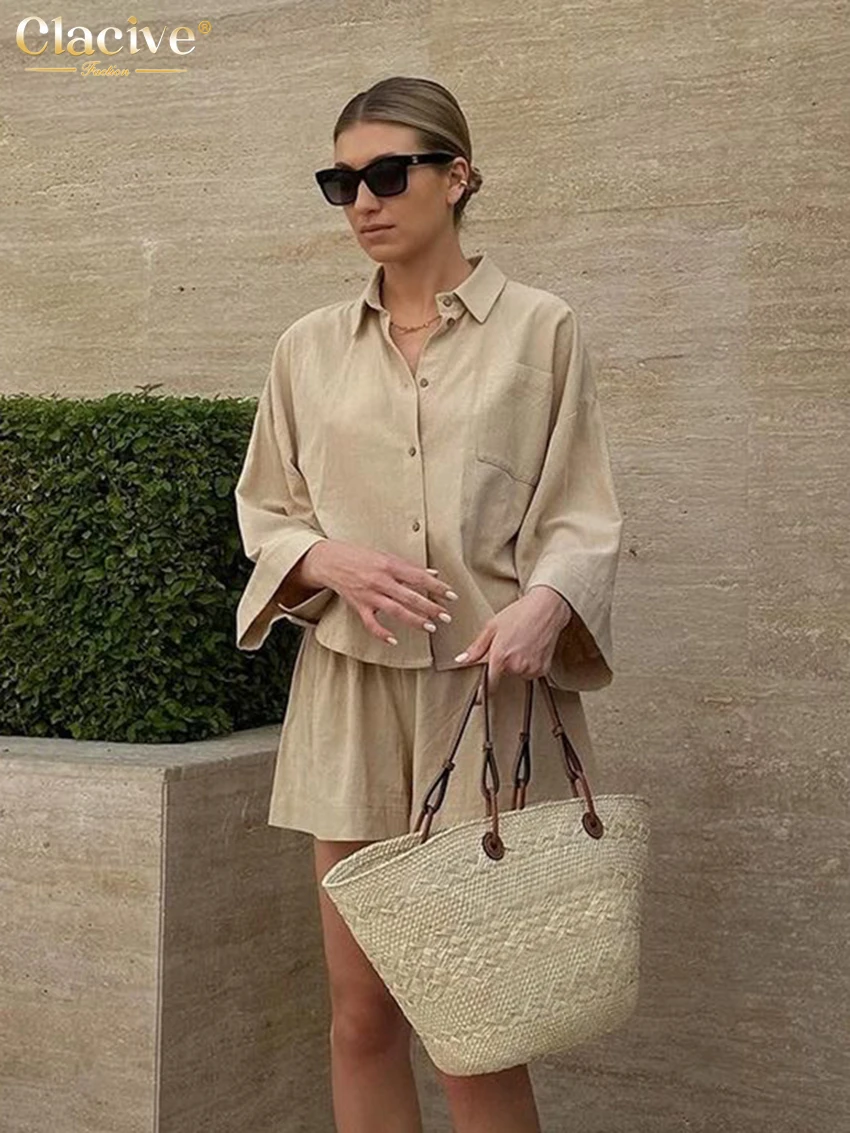 Элегантный свободный хлопковый комплект Clacive цвета хаки из 2 предметов женская