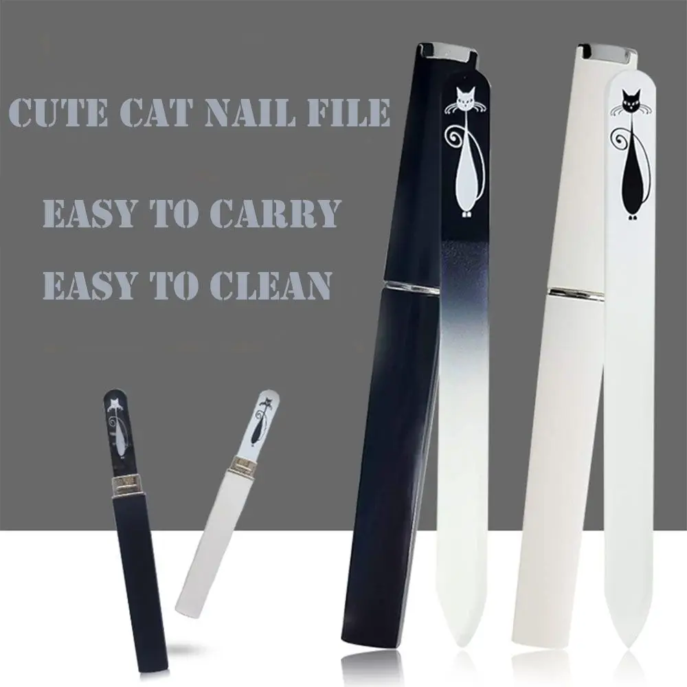 

Creative Cartoon Cat Pattern Glass Nail Files Portable Nail Sanding Stick With Case Professional Nail Art Polishing Tools