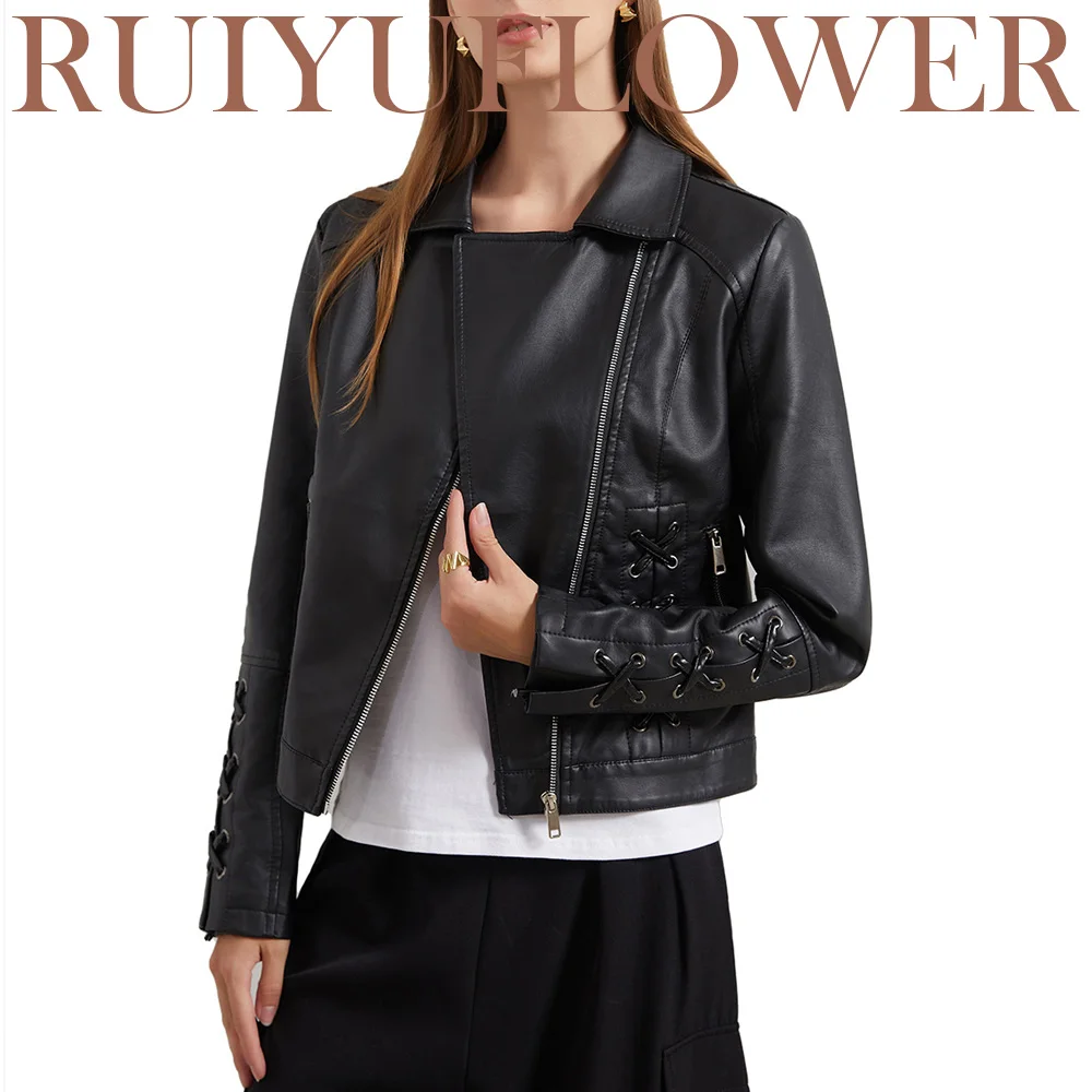 

Spring Autumn Lady Fashion Braided Tether Slim Lapel Collar PU Jacket Faux Leather Tops Women Clothing Motorcycle Coat Free Ship