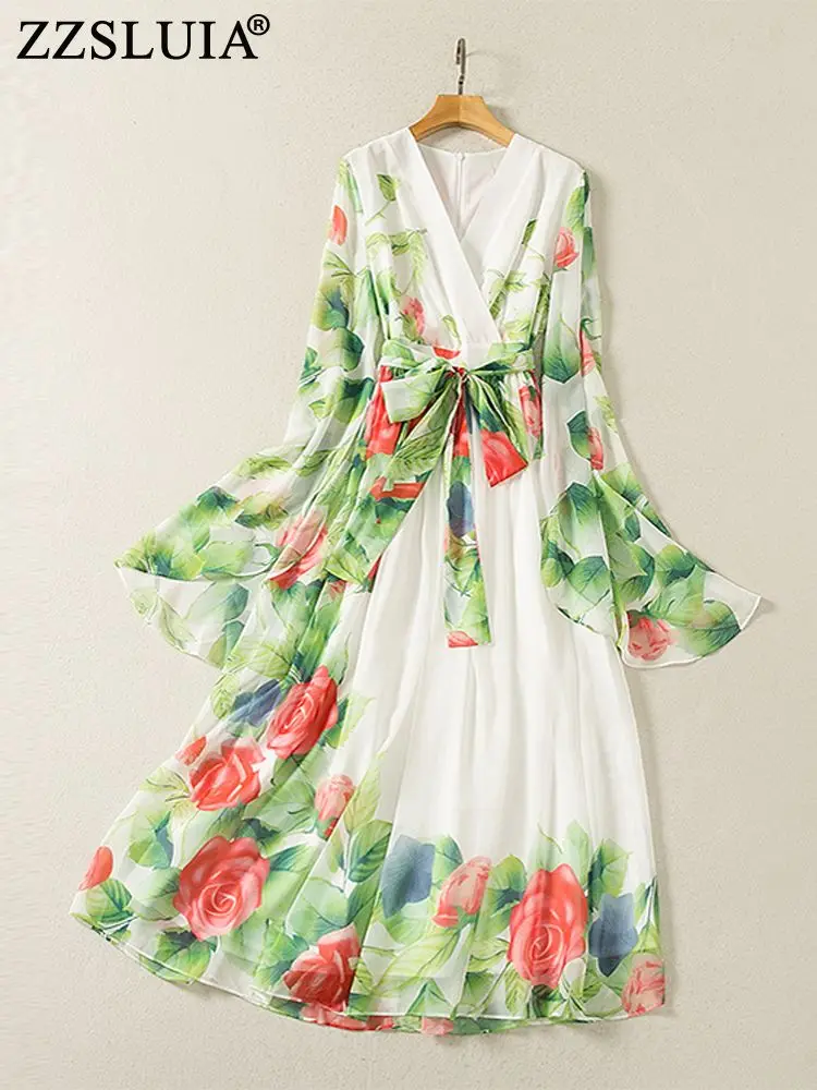 

Платье-миди ZZSLUIA женское с цветочным принтом, элегантное приталенное, с широким рукавом и поясом, модное цельнокроеное, с V-образным вырезом