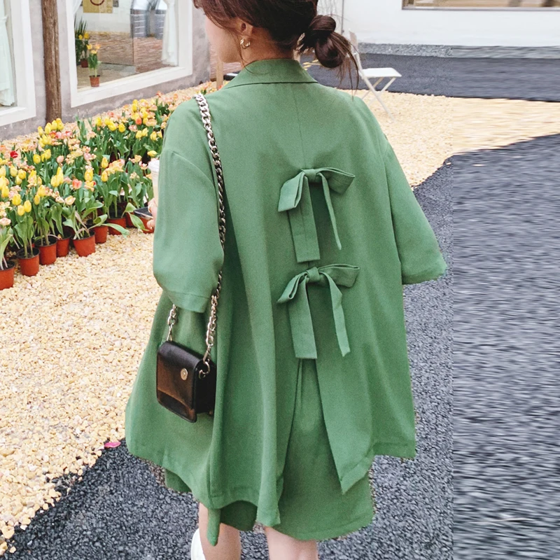 

Women Tracksuit Shorts Suits Two Piece Set Green Short Sleeve Back Bow Blazer Top And Mini Shorts Suit Female Summer Lady Outfit