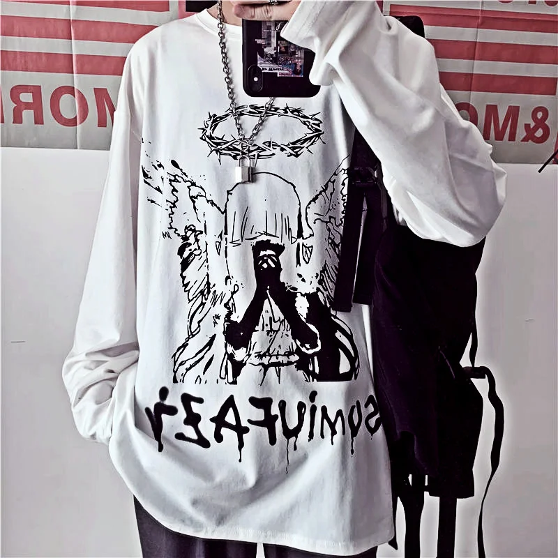 

Men's Long Sleeve T-shirt Autumn Printing Gothic Retro Ulzzang Comfortable High Street Dress 5XL Loose Korean Fashion Harajuku