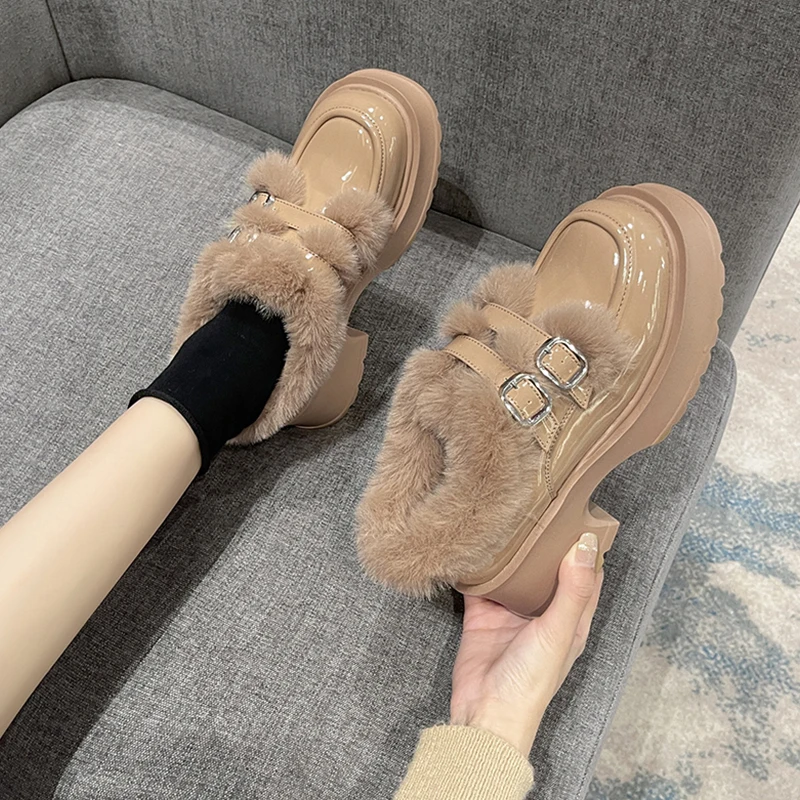 Зимняя обувь Женские лоферы Меховые оксфорды Сабо на платформе Черные туфли