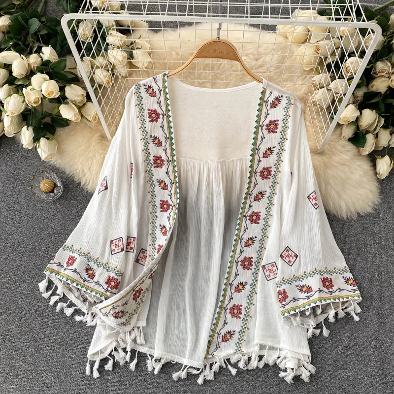 

Women's Shirt Bohemian Holiday Style Embroidered Tassel Chiffon Cardigan New Waist Female Slim Short Chiffon Shirt