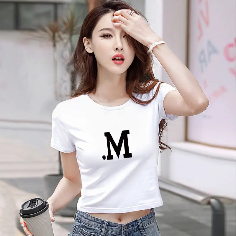 

Summer Crop Top for Women 2023 Trend Skinny Tee Short Sleeve Ladies T Shirts Graphic Old Sexy O White Clothes Slim Plain Pulover