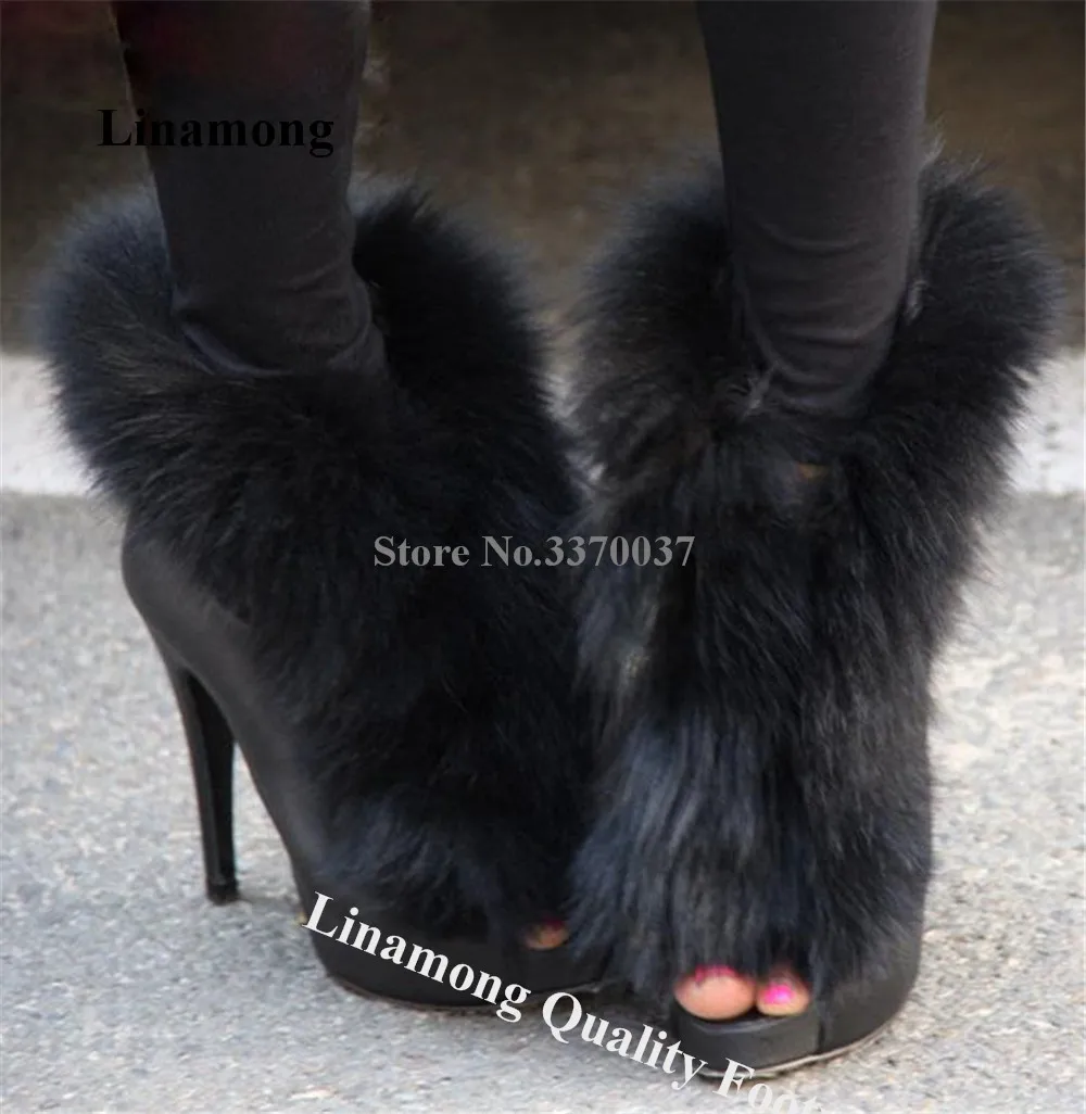 

Linamong Black Suede Fur Fringes Thin Heel Short Boots Women Elegant Peep Toe Stiletto Heel Slip-on Ankle Booties Big Size Heels