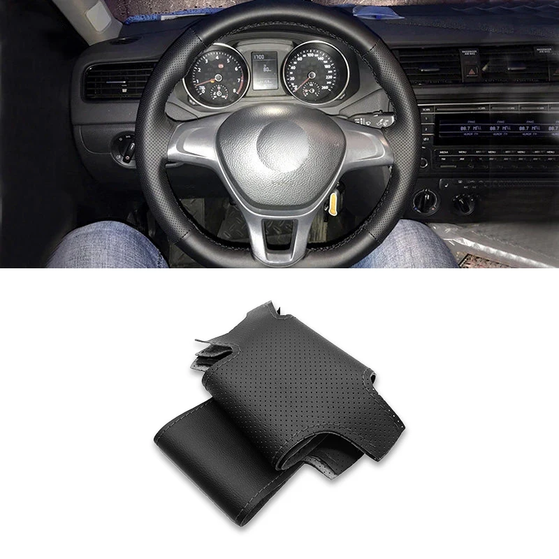7 Mk7 Passat B8 New Polo Tiguan Sharan Black Perforated Microfiber Leather Hand-stitched Steering Wheel Cover Trim